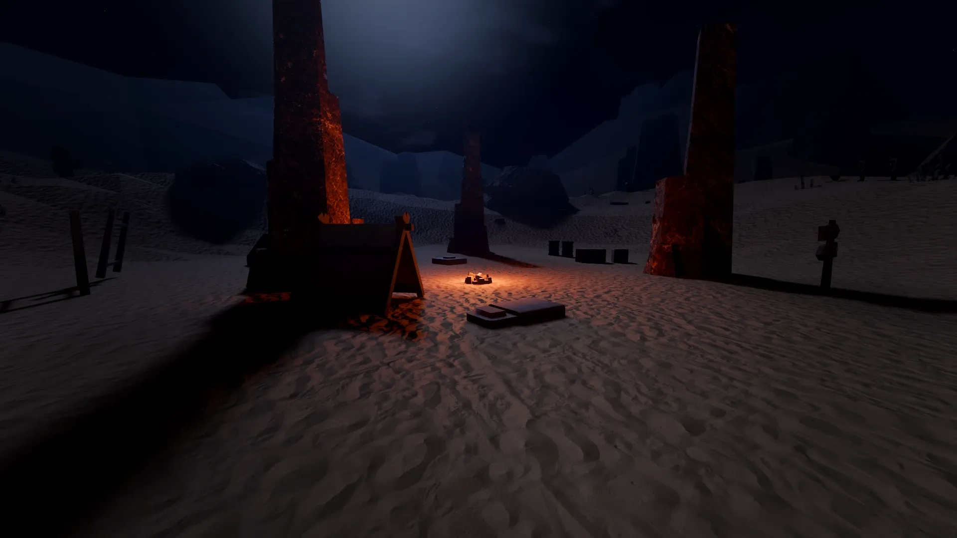 An abandoned campsite with a dying fire between rock pillars at night