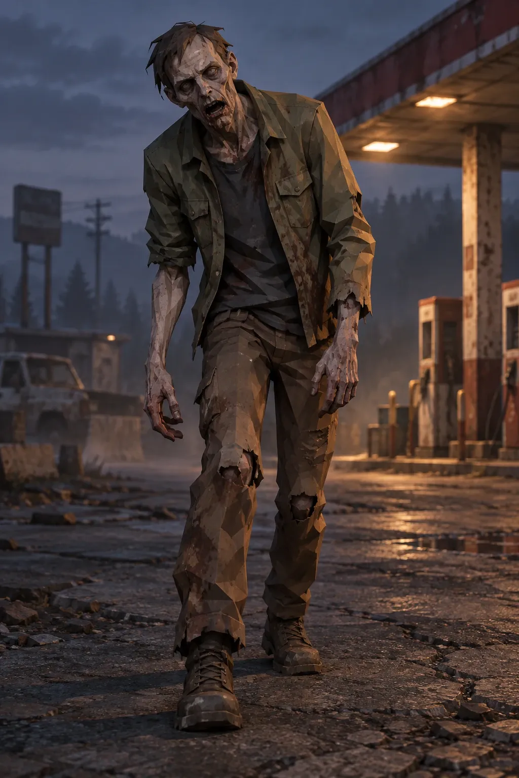 Concept art: a low-poly shambler in a torn green jacket limping across a cracked lot in front of an abandoned gas station at dusk