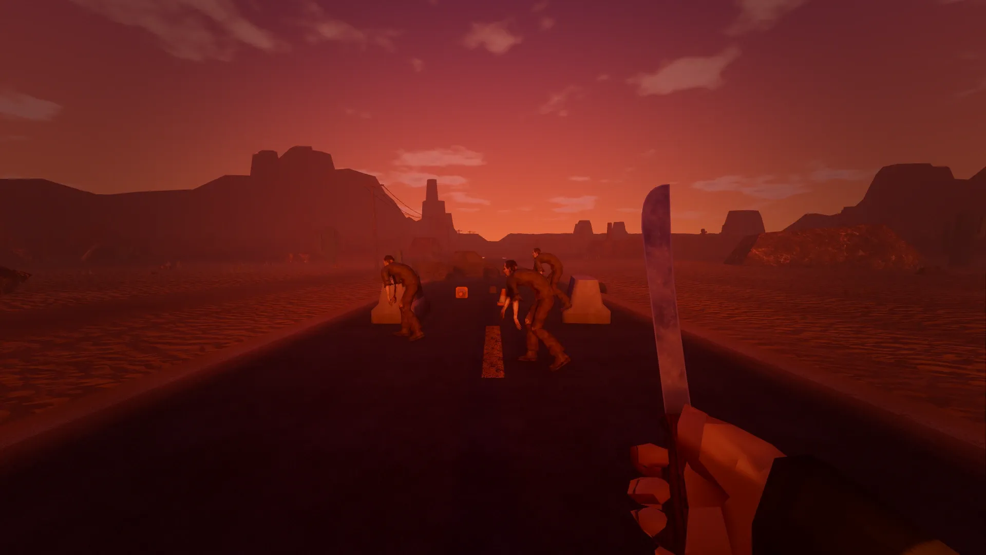 First-person view with a machete raised as shamblers close in on a desert road at dusk